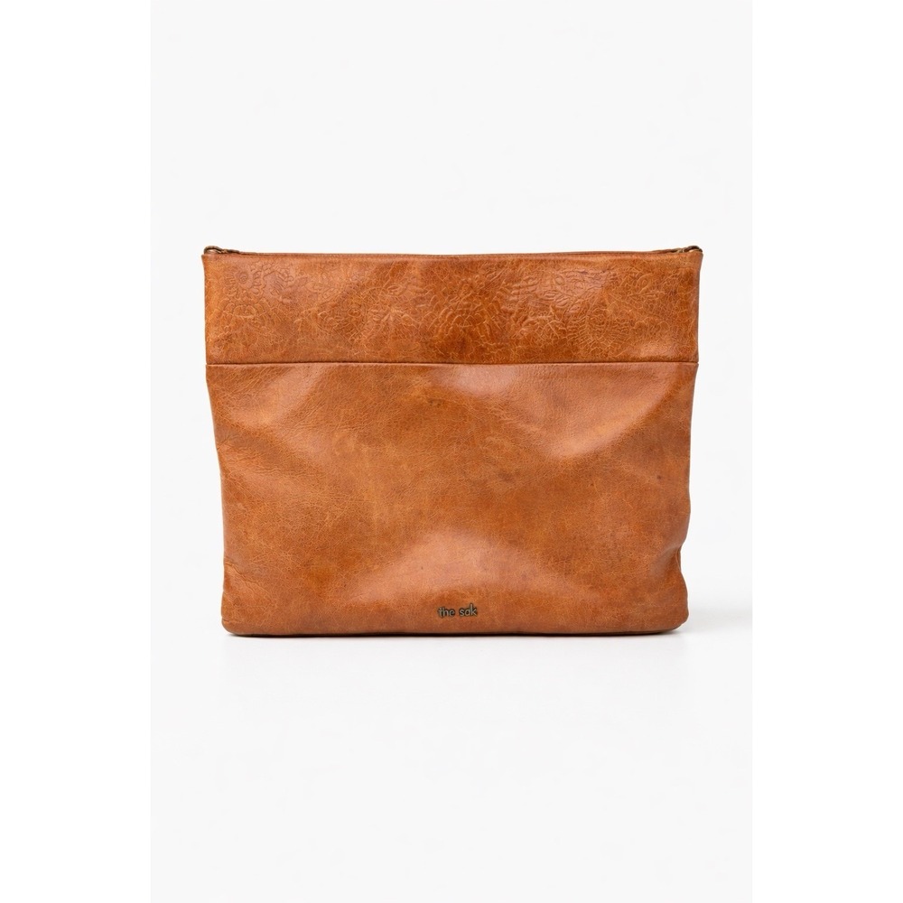 The Sak Brown‎ Leather Clutch Pouch Embossed Zip Bag Boho No Strap